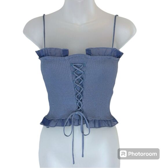 SHEIN Unity Lace Up Knot Mesh Frill Trim Rib-Knit Top Size Medium - Picture 2 of 9